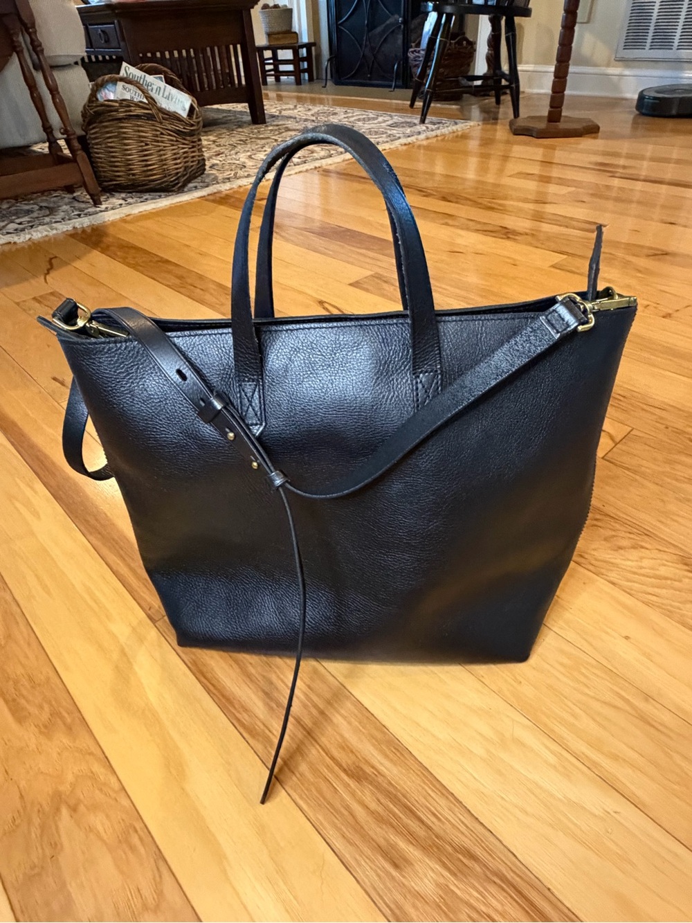 Madewell Zip-Top Medium Transport Tote Bag – Black Pebbled Leather